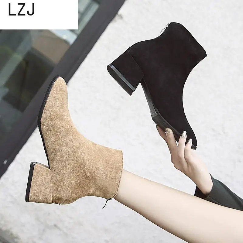 

2019 Shoes Woman Short Length Square Mid Heels Toe Flock Ankle Autumn Winter Warm Plush Slip On Snow Black Boots Botas Mujer