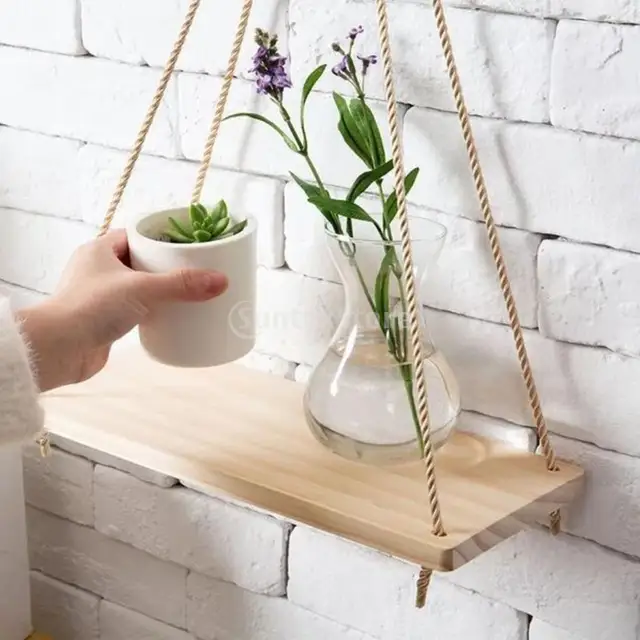 Wooden Hanging Shelf Window Wall Plant Rope Hanging Shelves For