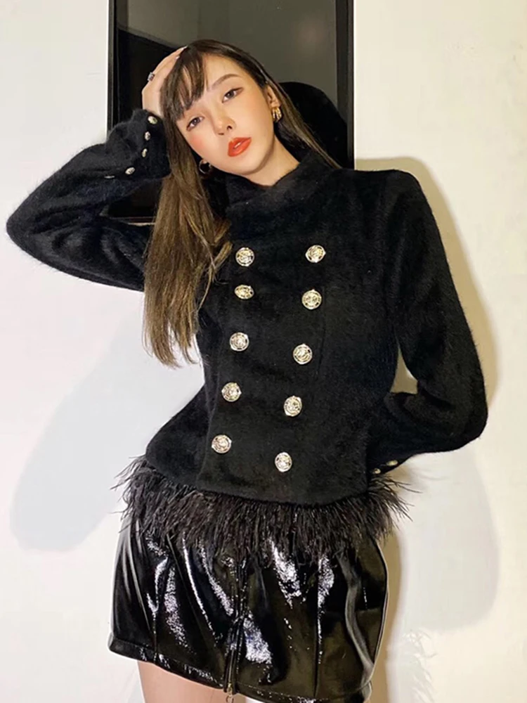 ECRURANI Black Elegant Patchwork Feather Coat For Women Stand Collar Long Sleeve Casual Solid Jacket Females 2021 Autumn Clothes