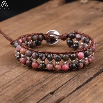

6mm Round Red Striped Agates Stone Beads Single Leather Wrap Bracelet Boho Women Stone Beads Woven Bracelet Jewelry N0309AMAB