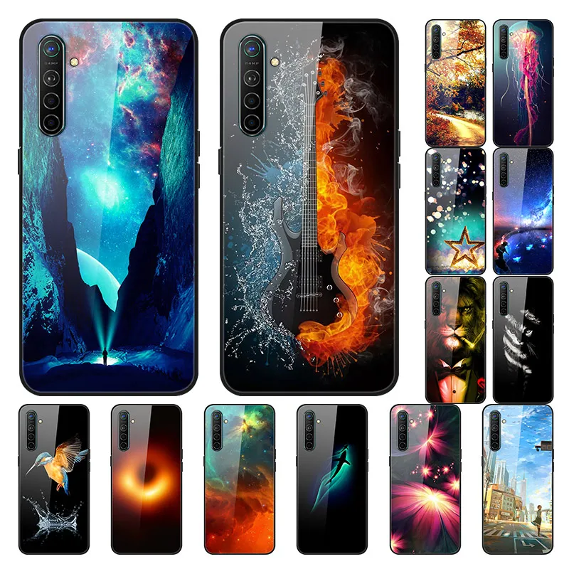 

For Funda Oppo Realme X2 Case Tempered Hard Back Glass Cover For Oppo Realme XT X2 Pro Case Silicone Soft Bumper Printing Coque