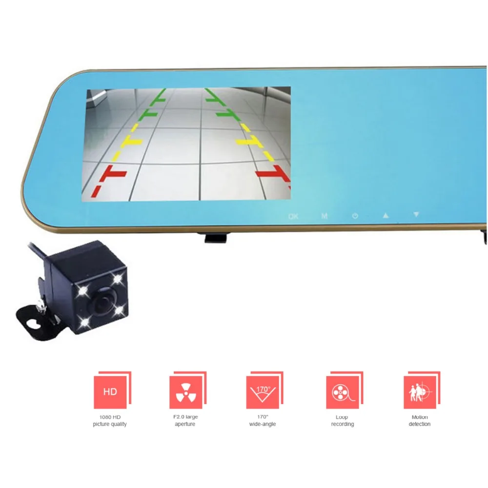 HD 1080P Car Video Recorder Dual Lens Rear View Mirror Dash Cam Car DVR Rear View Camera Night Vision Support Loop Recording