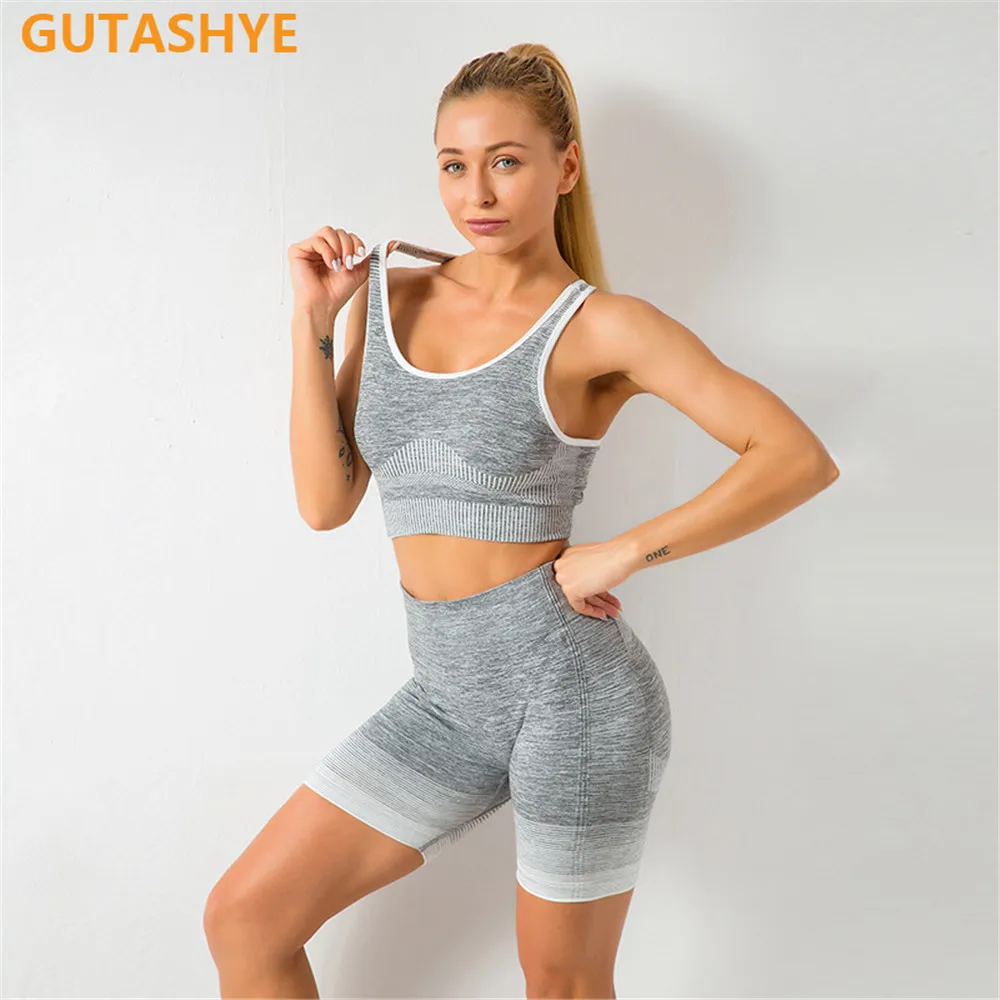 

Seamless Yoga Set Women Gym Workout Clothes Fitness Sports Suits Short Sleeve Top High Waist Shorts Running Sportswear Clothing