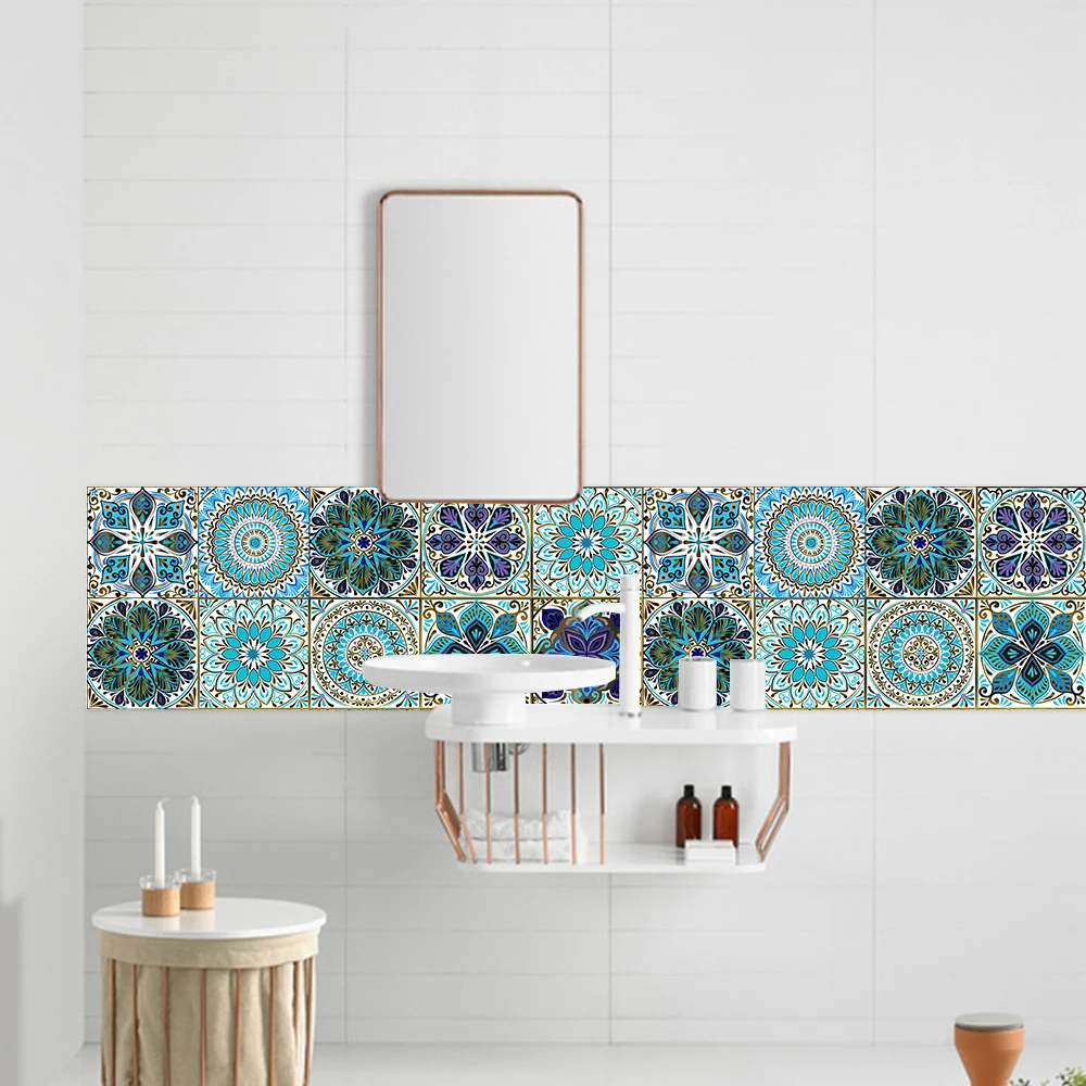 Dream Blue Mandala Style Matte Surface Wall Sticker Non-slip Tile Decoration Film For Tile /Ground in Kitchen Bathroom Art Mural wall stickers
