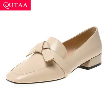 

QUTAA 2020 Cow Leather Butterfly-Knot Ladies Pumps Casual Square Toe Slip on Single Shoes Square Heel Women Shoes Size 34-39