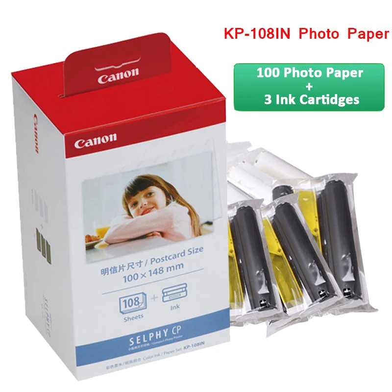 

KP-108IN 100*148mm Photo Papers and 3 Ink Cartridge for Canon Selphy CP Series Photo Printer CP800 CP910 CP1200 CP1300