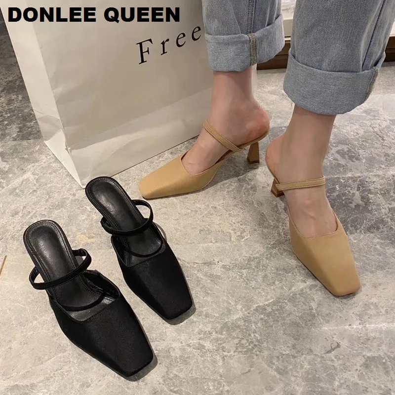 

Spring High Heels Mules Slippers Women Brand Square Toe Strange Style Heel Outside Slides For Party Shoes Woman Fashion Footwear