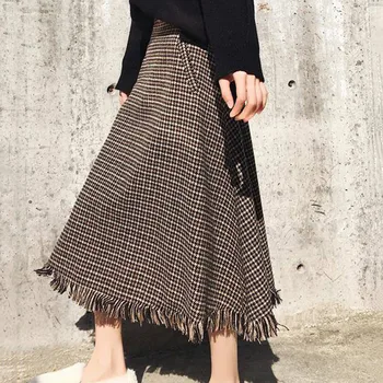 

Winter Werm Vintage Woolen Skirt Women Plus Size High Waist Plaid Long Skirt Korean Autumn Elegant Tassel Faldas Mujer Moda 2019