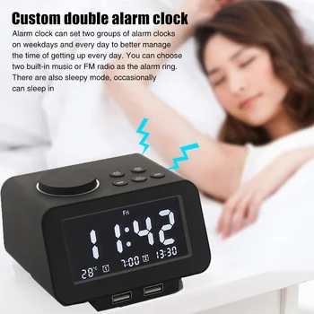 

Temperature Digital Alarm Clock LCD Display Dimmer With USB Port Bedside FM Radio Desktop Bedroom Adjustable Volume Home Decor