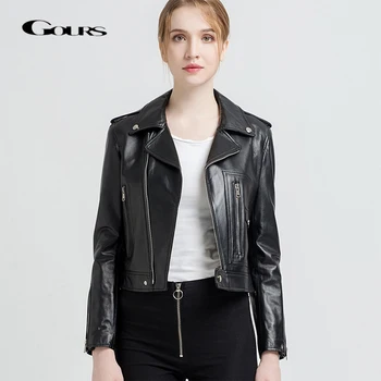 

Gours Genuine Leather Jackets for Women Fashion Short Motorcycle Jacket Black Red Classic Punk Style Ladies Sheepskin Coats 1908