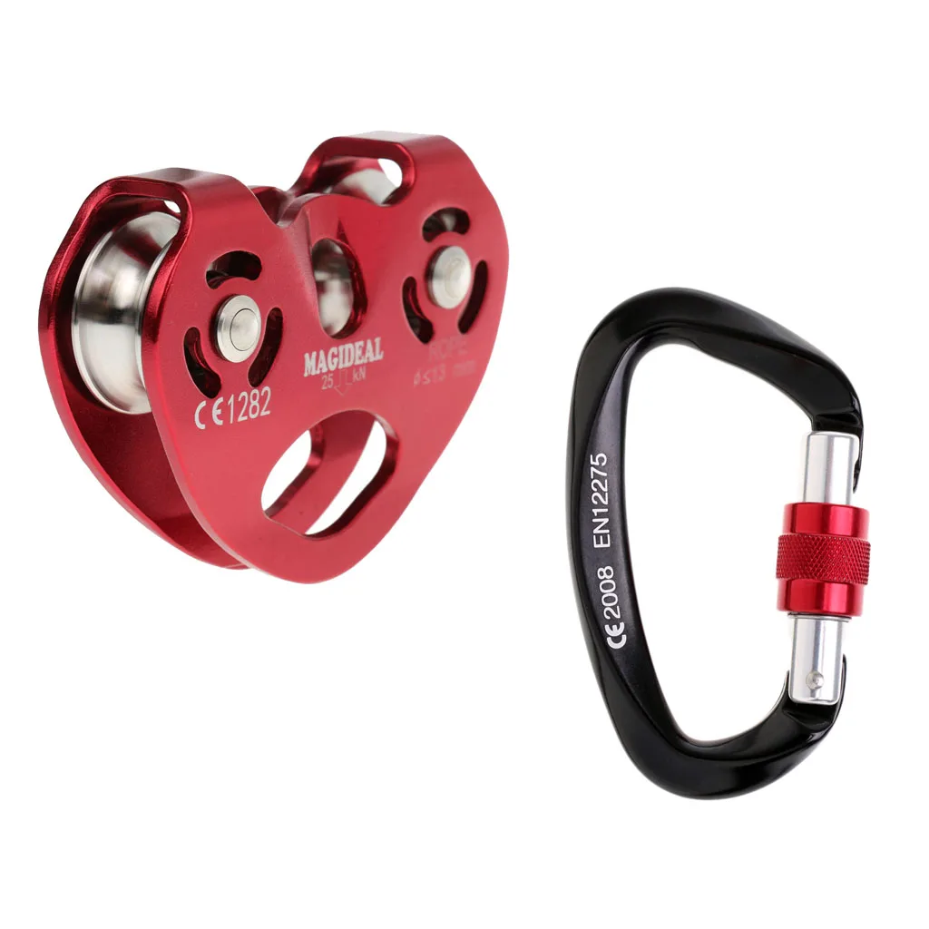 Heavy Duty 25KN Rock Climbing Tree Surgeon 8-13mm Rope Pulley + 25KN Screw Lock Carabiner Rappelling Rescue Gear Equipment