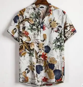 

Summer Man Shirt Mens Ethnic Printed Stand Collar Cotton Linen Stripe Short Sleeve Loose Hawaiian Henley Shirt hawaiian shirt
