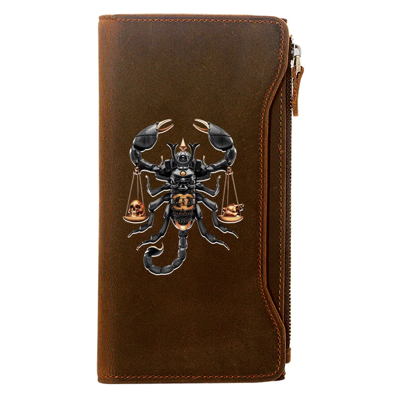 

Personality Scorpion Design Genuine Leather Wallet Men Long Purse With Phone Bag Zipper Card Holder High Quality Clutch