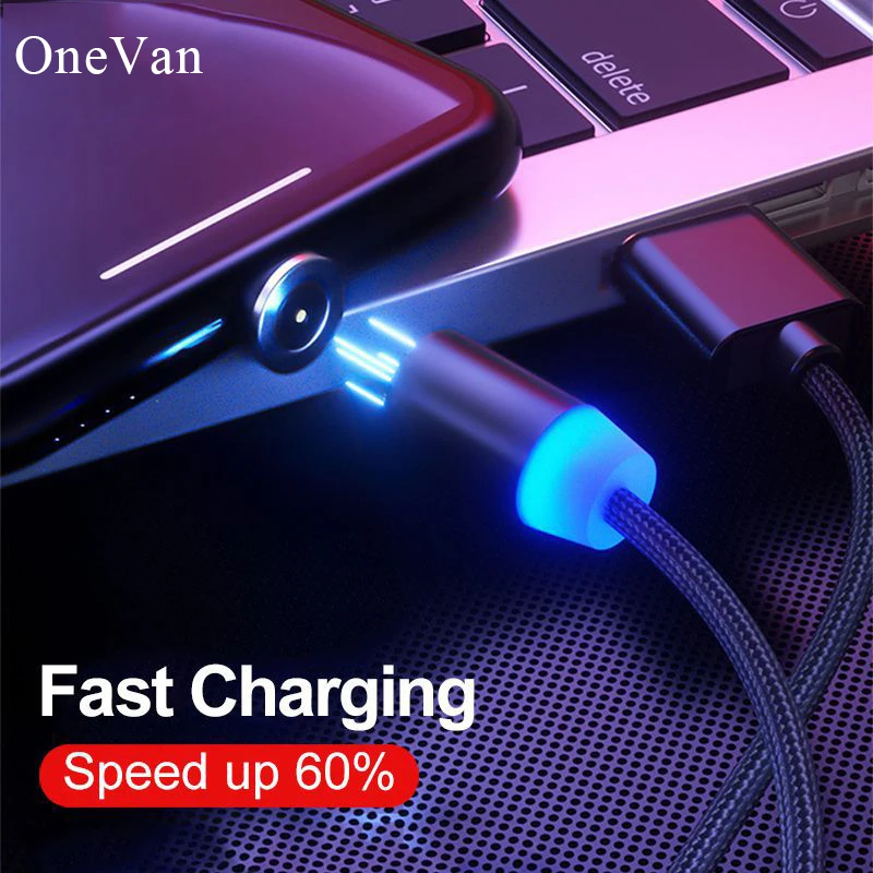 

ONEVAN Magnetic Charger Plug 2.4A Type-C Micro USB Cable LED Nylon Braided Charging Data Line For Android Apple Xiaomi iPhone