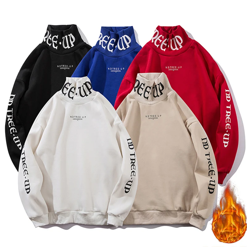 Hoodies Men Turtleneck Lacible-Fleece Sweatshirts Pullovers Streetwear Print Winter Letter