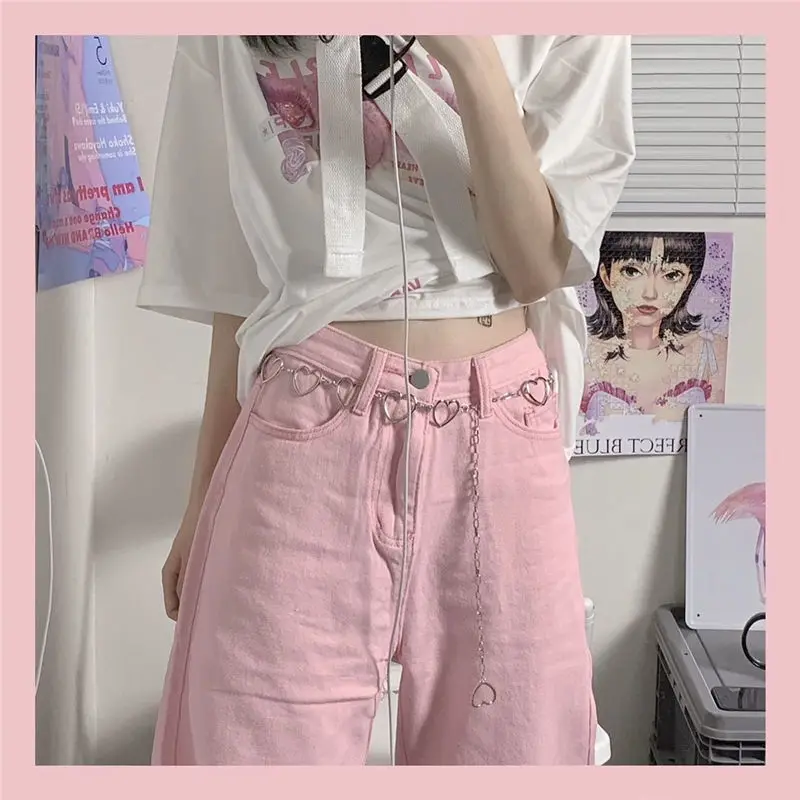 Pink jeans wide leg pants women high waist heart-shaped chain wild fashion jeans summer kawaii trousers women vintage streetwear women's clothing stores