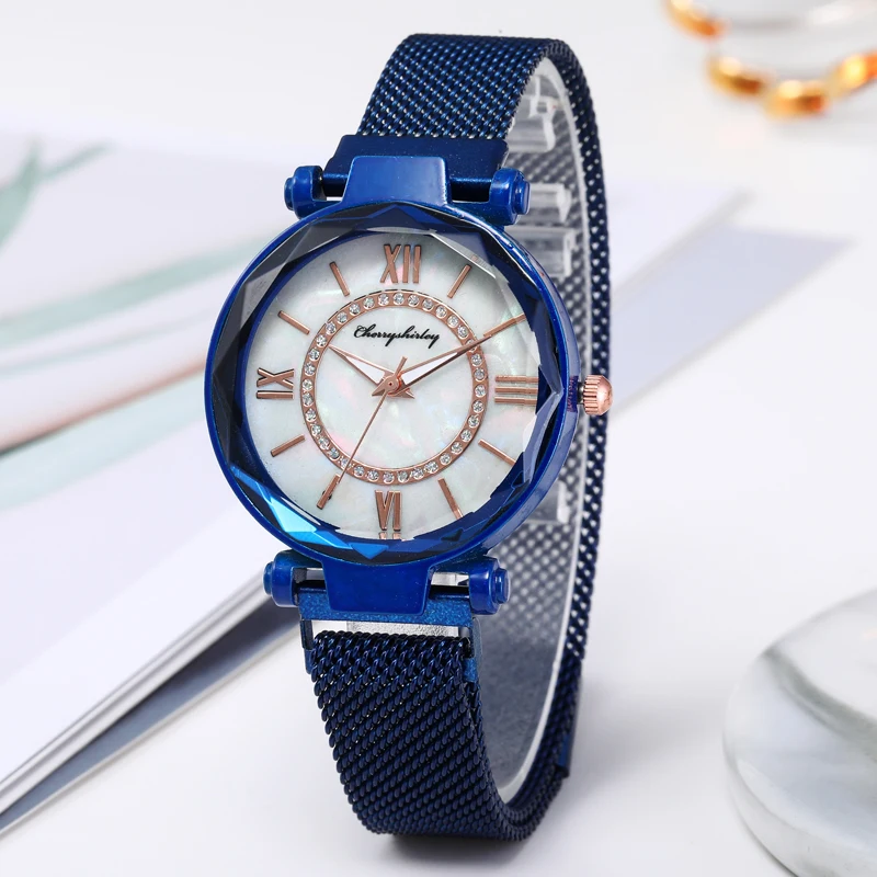 Blue Горячая распродажа Женские часы роскошные магнитные наручные часы Геометрическая поверхность женские кварцевые часы из нержавеющей стали с бриллиантами reloj - Цвет: Blue