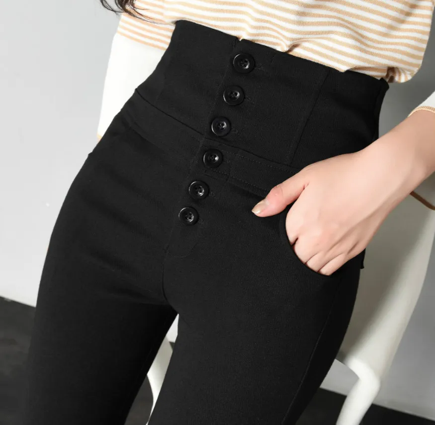 

Plus Size Autumn Extra Long Wear Super High Waist Show Thinsolid Leggings Thin Close Fitting Button Leggings for Women