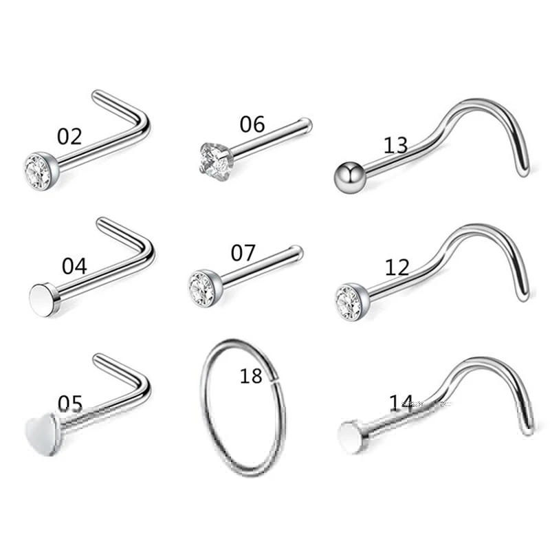 20G Nose Studs Surgical Steel Nostril Studs Screws Nose Ring Hoop Body Piercing Silver Color Heart Stud 5 9 21Pcs