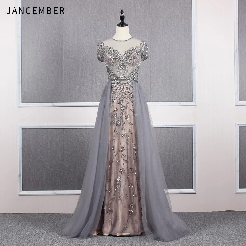 robe soirée longue femme illusion cap short sleeve ziper sequins crystal beaded lace applique robe de soirée élégante 2019 new