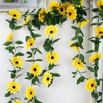 

220cm Fake Silk Sunflower Ivy Vine Artificial Flowers With Green Leaves Hanging Garland Garden Fences Home Wedding Decoration