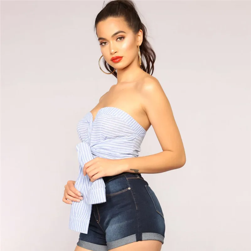 New Women Single Breasted With Bow Blue Striped Top Fashion Backless Slash Neck High Street Sexy Crop Tops Autumn