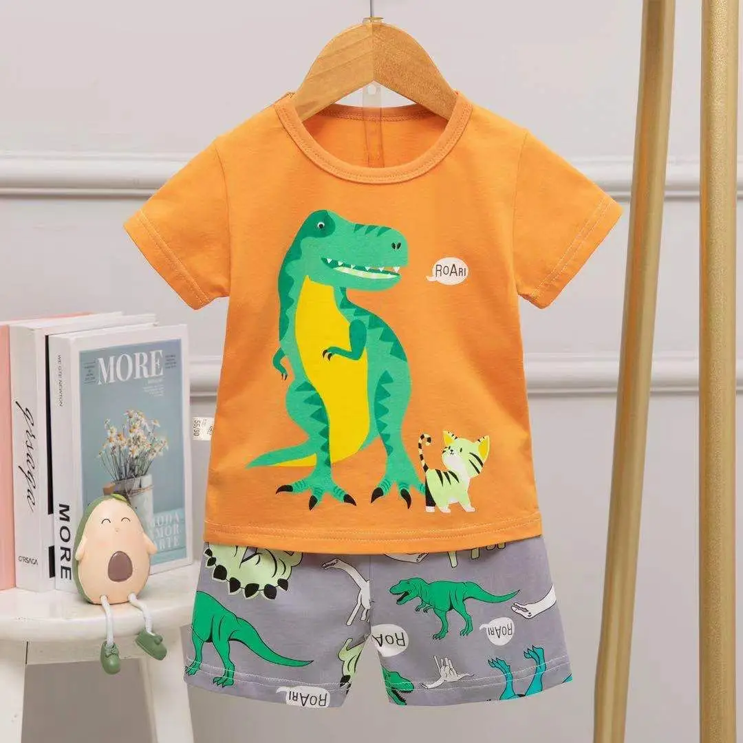 Ropa de verano para niños y niñas, traje deportivo de dibujos animados, camiseta, pantalones de algodón, pijama de niño, conjunto de dinosaurio y unicornio