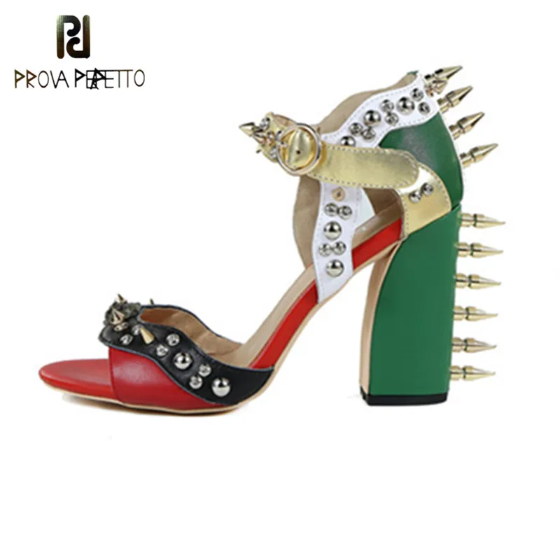 

Prova Perfetto Women Sandals Green Patchwork Summer Sandalias Chunky Heel Open Toe Studded Buckle Rivet Gladiator Sandals Women