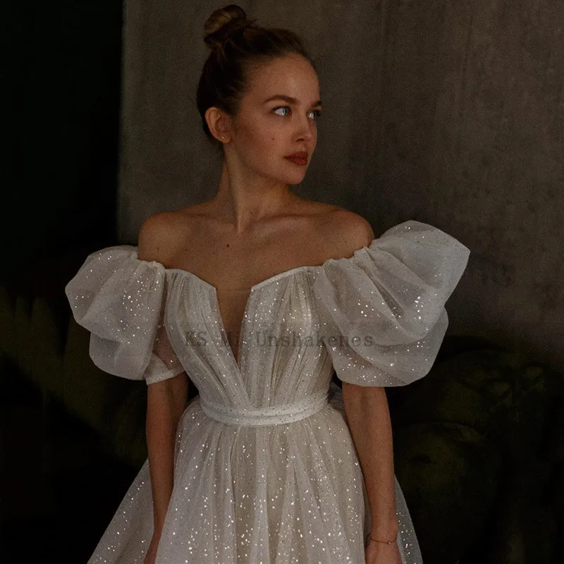 Wedding Dresses Shiny Glitter Puff Short Sleeve Vintage Bride Dress