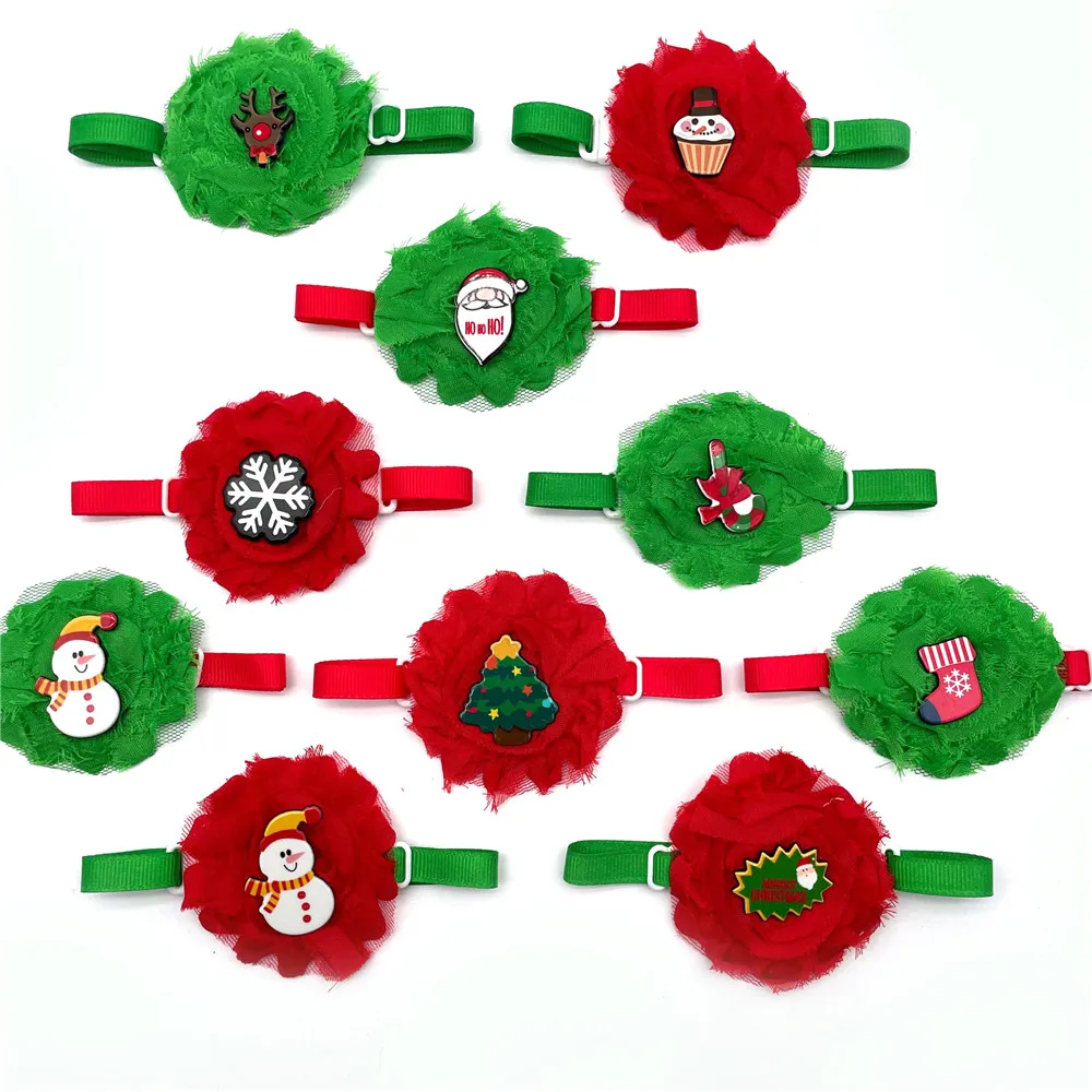 30/50pcs Christmas Style Pet Dog Grooming Products Small Doggy Bowties Red Green Flowers Dog Collars with Snow Deer Accessories