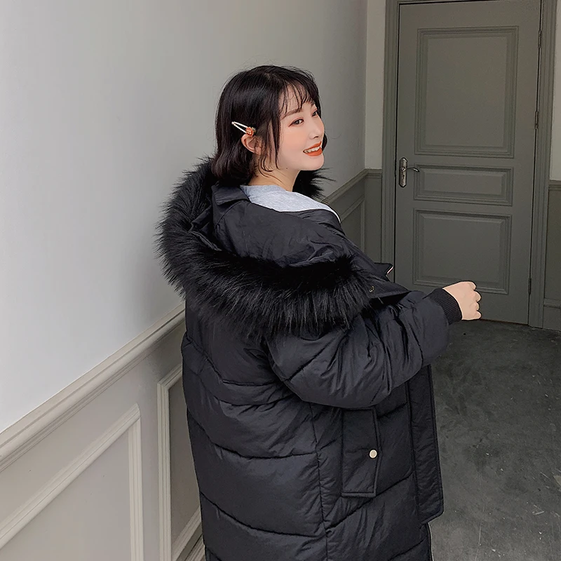Fur Hooded Thicken Long Down Cotton Coats Women Casual Long Sleeve Warm Cotton Coats Female Slim Jackets New Large Size 2XL