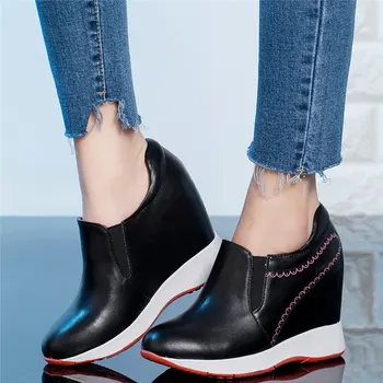 

Fashion Sneakers Women Slip On Genuine Leather Wedges High Heel Ankle Boots Female Round Toe Platform Pumps Shoes Casual Shoes