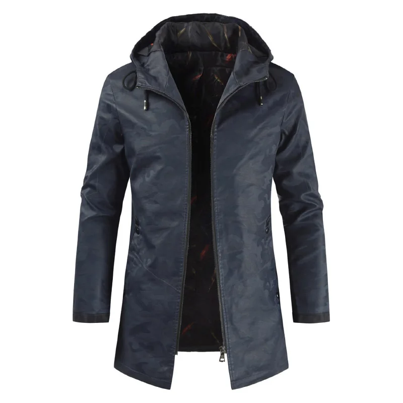 

Spring Men Stylish Long Jackets Hooded Faux Leather Clothing Casual Full Zipper Assassin Jacquard Autumn Winter PU Coat 4XL