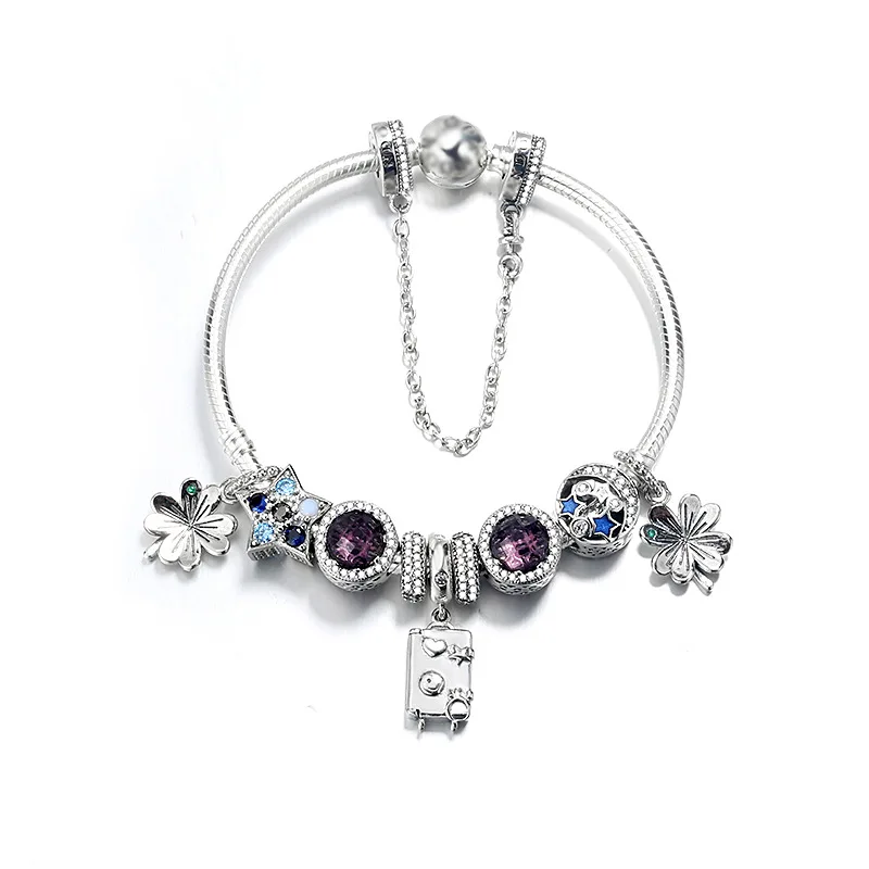 Аутентичный 925 пробы Серебряный чемодан, морской сердце четырехлистного клевера, кошачий глаз браслет Diy ювелирные изделия Diy браслет