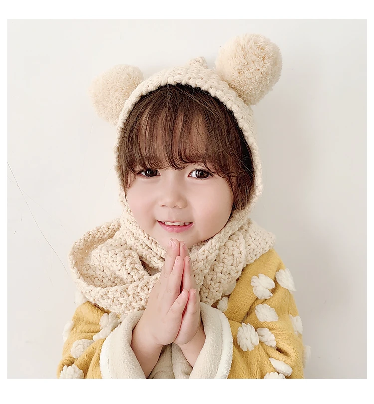 Children Knitted Hat Autumn and Winter Toddler Girl Neck Ear Protection One Baby Winter Warm Wind Hat Small Ball Baby Girl Cap