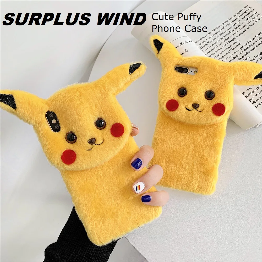 Пушистый чехол для телефона iPhone 11 Pro Max милый плюшевый бампер Pika противоударный