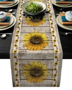 

Farm Sunflower Vintage Wood Rustic Linen Cotton Table Runner Wedding Party Table Runners Dining Room Restaurant Tablecloth