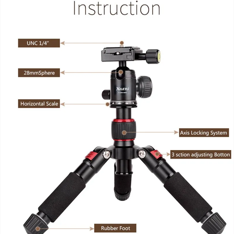 XILETU FM5S-MINI 휴대용 경량 여행 스탠드, 탁상 비디오 미니 삼각대, 360 도 볼 헤드, 카메라 DSLR용