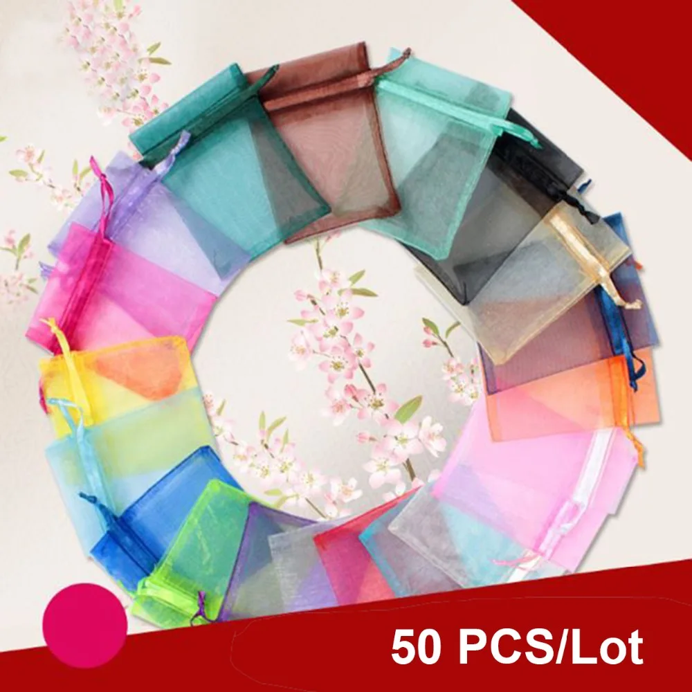 

50pcs gift bags jewelry organza bag wedding birthday party Drawable Wedding Pouches present jewel candy thank you packaging