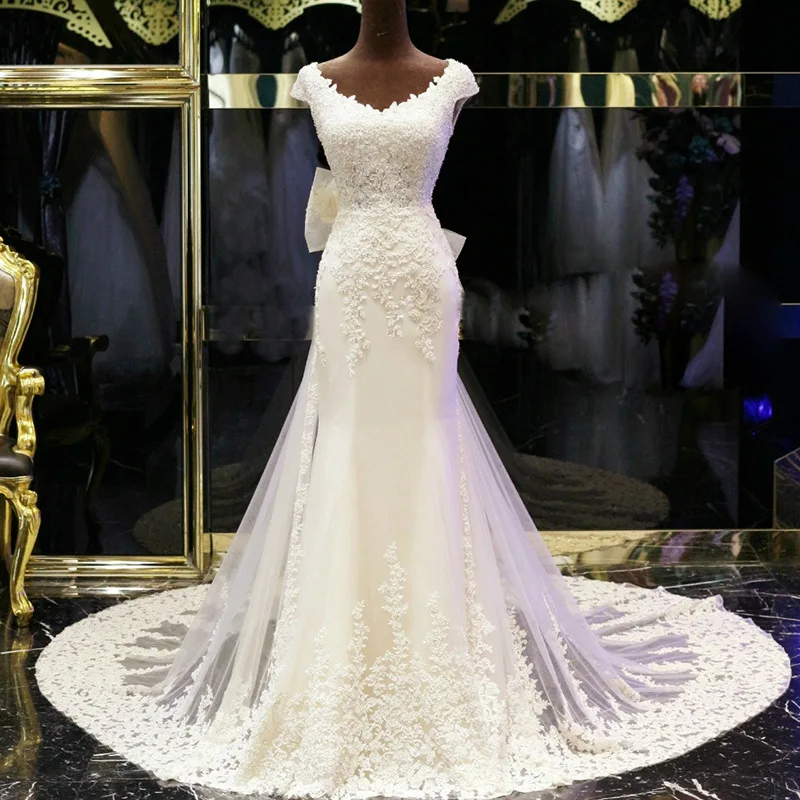 Новое иллюзионное платье Vestido De Noiva белое кружевное с открытой спиной фасона "Русалка" свадебное платье с рукавами-крылышками и бантом свадебное платье невесты