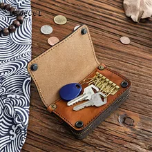 Винтажный кошелек из натуральной коровьей кожи для ключей, мужской кошелек из воловьей кожи на молнии, автомобильный чехол для ключей, держатель для карт, кошелек для монет, органайзер, ключница