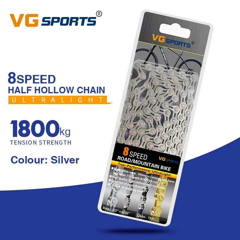 VG Sports 8 9 10 11 цепь для скоростного велосипеда Серебряная велосипедная цепь полый Горный Дорожный велосипед цепи Сверхлегкий 116л золото 10s - Цвет: 8s half holllow yin
