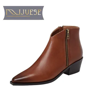 

MLJUESE 2021 women ANKLE boots Sheepskin Winter short plush Square Toe zipper Med heels female Western boots size 39