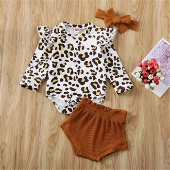 

Free shipping Newborn Baby Girls Clothes Ruffle round neck long sleeve Leopard print Bodysuit solid Shorts bow Headband 3pc
