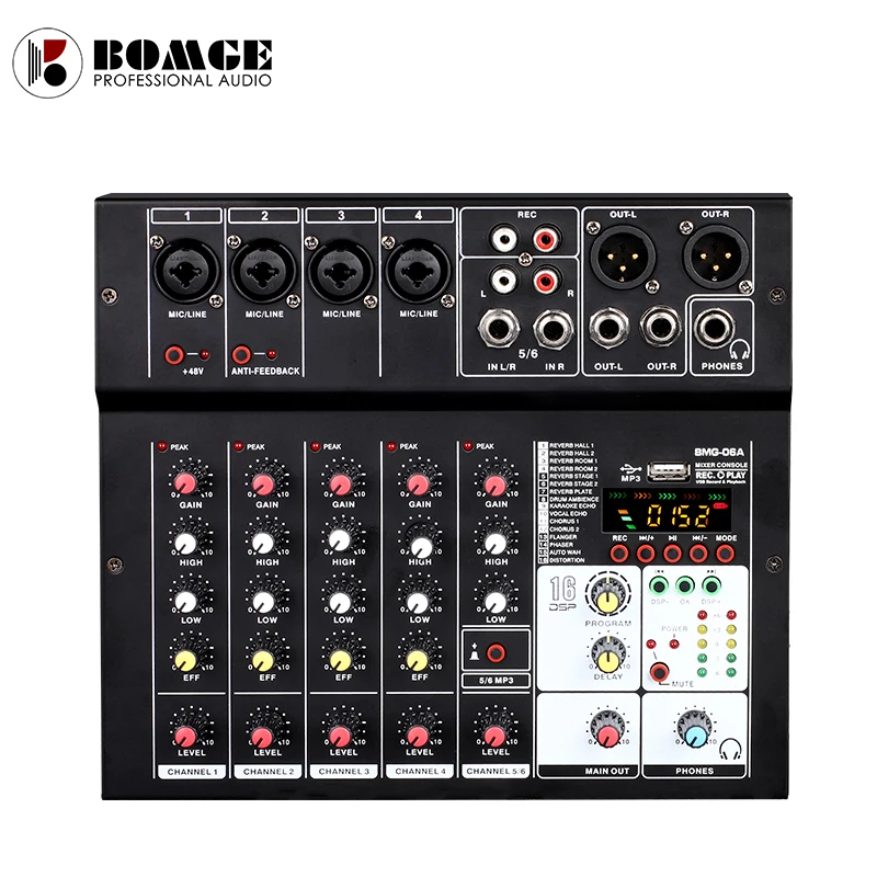 BMG-06A Sound Audio-Mixer Mixing Console 6 channel Audio Interface 16 kinds DSP Effects / 48V Phantom Power USB Bluetooth MP3