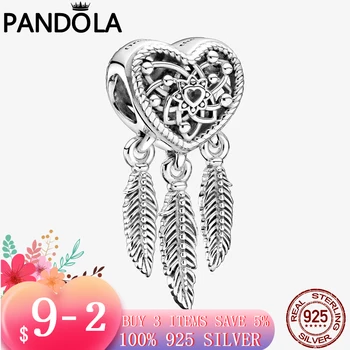 

2020 New 925 Sterling Silver color Openwork Heart three Feathers Charm Beads Fit Original Pandora Charm Bracelet Jewelry Gift