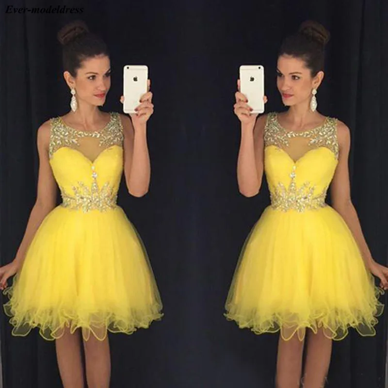 

Yellow Short Graduation Dresses Crystal Zipper Back Mini Homecoming Dresses Prom Gowns Plus Size Customized Cheap