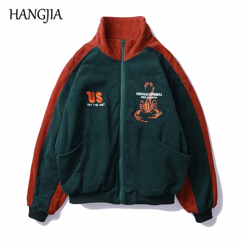 

Retro Embroidery Corduroy Jacket Men Women Autumn and Winter Striped Color Block Jackets Coats Hip Hop Scorpion All-match Coat