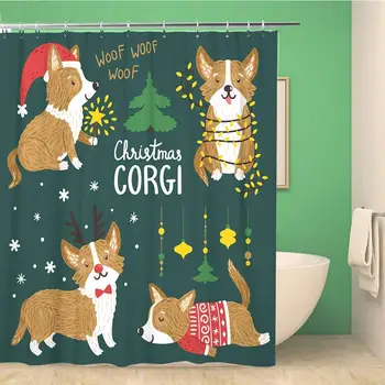 

Bathroom Shower Curtain Cute Corgi Dogs Christmas Funny Animals Santa Hat 72x72 inches Waterproof Bath Curtain Set with Hooks