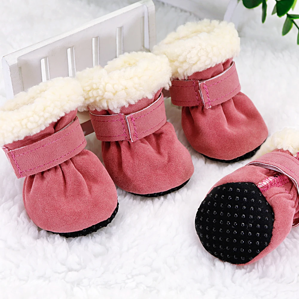 Pink 4 pcs Winter Warm Small Dog Shoes Waterproof Boots Anti-slip Rain Shoes Warm Booties For Small Dogs Cats Puppy Chihuahua - Color: Pink
